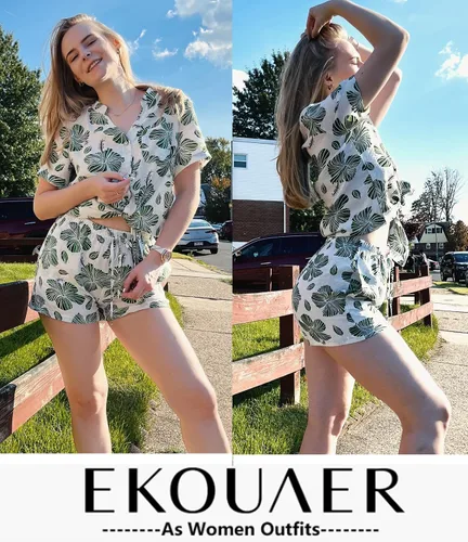 Miniatura 3 de Ekouaer Conjunto de 2 piezas de pantalones cortos de playa con estampado suelto y botones para mujer