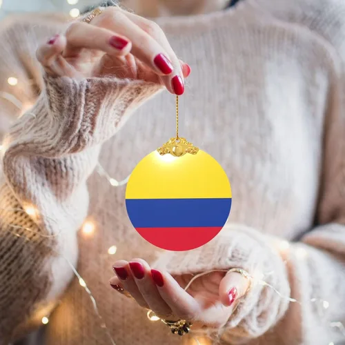 Miniatura 5 de Colgante redondo de adorno navideño de cristal con estampado de bandera de Colombia con detalles dorados y plateados para colgar la decoración