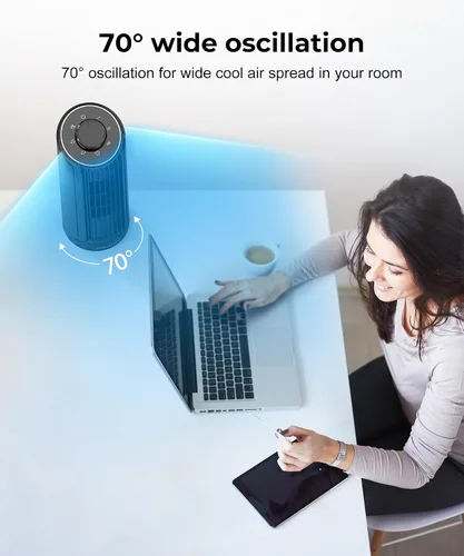 Miniatura 5 de Abolee Ventilador de torre, ventilador de escritorio de 23 pies/s, ventilador de mesa oscilante de 70° para dormitorio, ventilador de mesa de pie