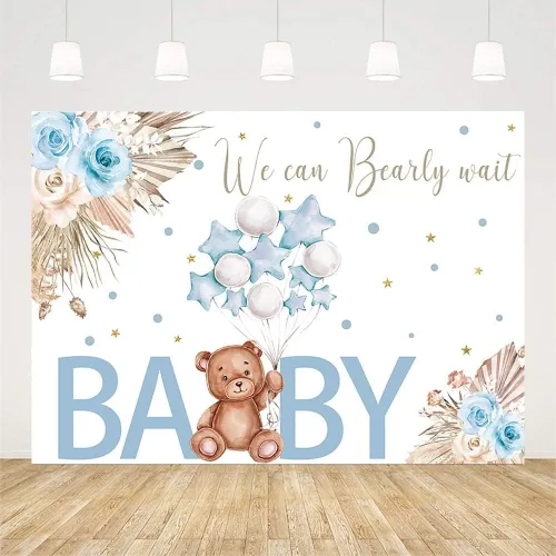 Miniatura 2 de AIBIIN Telón de fondo para baby shower de oso de 7 x 5 pies para niño, We Can Bearly Wait to Meet You, azul, bohemio, floral, globo de pampas