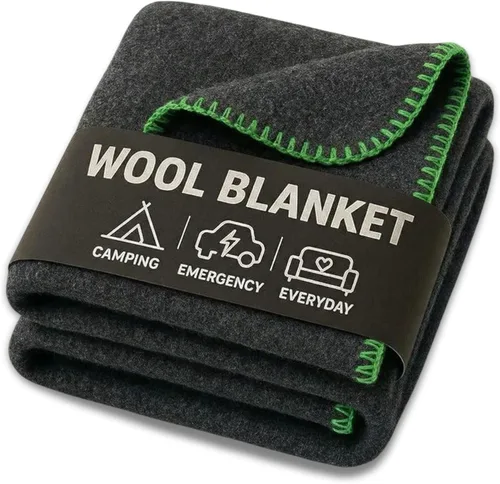 Manta de Lana para Acampada – 70% Lana Resistente de Servicio Pesado Estilo Militar, Cálida y Lavable, Manta Ignífuga para Emergencias, Gris
