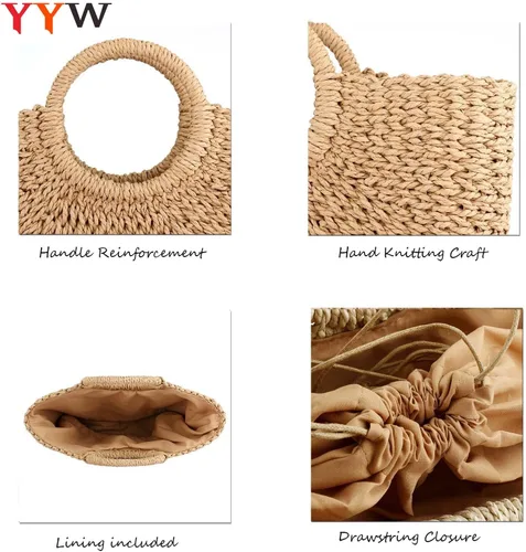 Miniatura 4 de YYW Bolsas de paja para mujer, bolsa grande de paja tejida a mano, asa redonda, anillo de mano, retro, verano, playa, bolsa de ratán