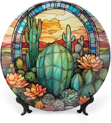 Platos decorativos, cactus y cielo colorido vitral, placa de exhibición para el hogar, oficina, cocina, mesa, decoración de platos, platos de