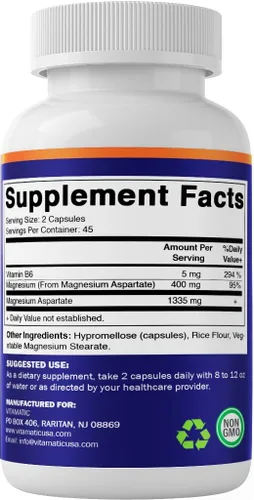 Miniatura 8 de Vitamatic Aspartato de magnesio 400 mg por porción - 90 cápsulas vegetarianas - B6 añadido para una máxima absorción - Apoya la salud muscular