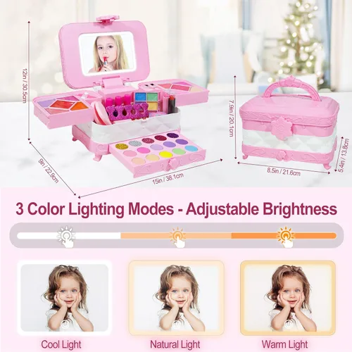 Miniatura 2 de Kit de maquillaje 60 en 1 para niños, con espejo de maquillaje LED de 3 colores real lavable, juegos de maquillaje para niñas de 5 a 8 años, regalo