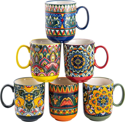 Henten Home Juego de tazas de café de porcelana de 6 piezas, taza de café de 14 onzas colorida con mango, taza de cerámica boho para chocolate
