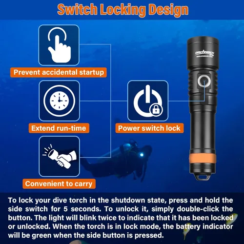 Miniatura 4 de ORCATORCH D710 Luz de Buceo, Linterna Subacuática Super Brillante de 3000 Lúmenes con Haz Estrecho de 6 Grados, Antorcha de Buceo Nocturna Negro