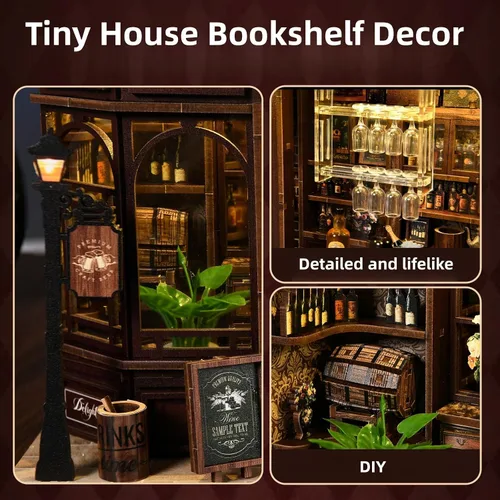 Miniatura 6 de Kit de rincón de libros, casa de muñecas en miniatura para adultos, rompecabezas de madera 3D, decoración con luz LED, regalo para los amantes