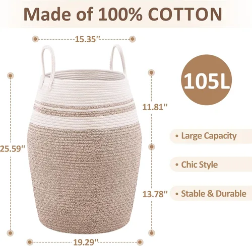 Miniatura 5 de Cesta de lavandería de cuerda de algodón YOUDENOVA, 105 l - Cesta de lavandería tejida plegable - Cesta de almacenamiento de ropa para cobijas