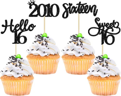 Miniatura 9 de Gyufise Paquete de 24 adornos negros para cupcakes de 10.º cumpleaños con purpurina negra 10 Ten Hello 10 Dights dobles desde 2015 para decoraciones