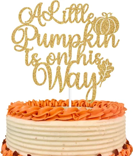Decoración para tartas con purpurina dorada "A Little Pumpkin is on His Way", calabaza Oh Boy/A Little Pumpkin is on the Way, decoración de fiesta