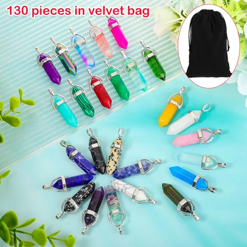 Miniatura 7 de Jexine 130 colgantes de cristal hexagonales a granel, con piedras preciosas naturales, collar de chakras con forma de bala de cuarzo con bolsa