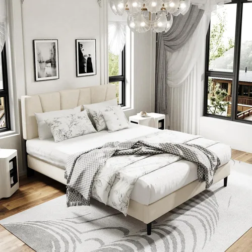 Miniatura 14 de Sismplly - Base de cama plataforma tamaño Queen con cabecero tapizado, soporte de listones de madera, sin ruido, no necesita somier, fácil montaje