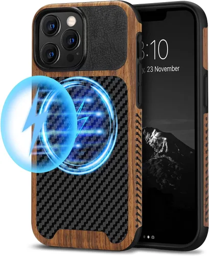 Miniatura 11 de TENDLIN Compatible con iPhone 13 Pro Max, funda de grano de madera con textura de fibra de carbono, funda híbrida de cuero compatible con iPhone 13