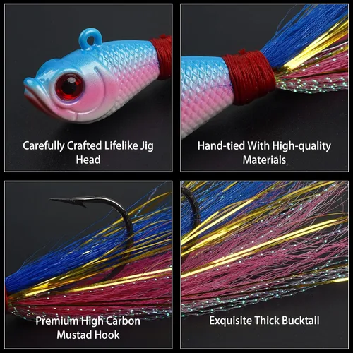 Miniatura 2 de Bucktail Jigs - Señuelo de agua salada para platija de bajo, 5 piezas de cola de cubo para cabello de cola de cubo, anzuelos de cola de cubo