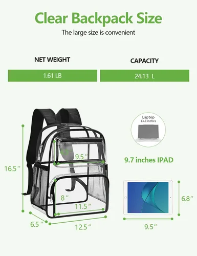 Miniatura 4 de MAY TREE Mochila Transparente Aprobada para Estadios para Mujeres y Hombres, Bolsa Transparente para Eventos, Negro, Grande
