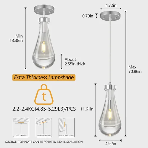 Miniatura 2 de Juego de 2 lámparas colgantes con forma de gota de lluvia, para isla de cocina, lámparas colgantes cromadas de cristal sólido transparente, Cromo