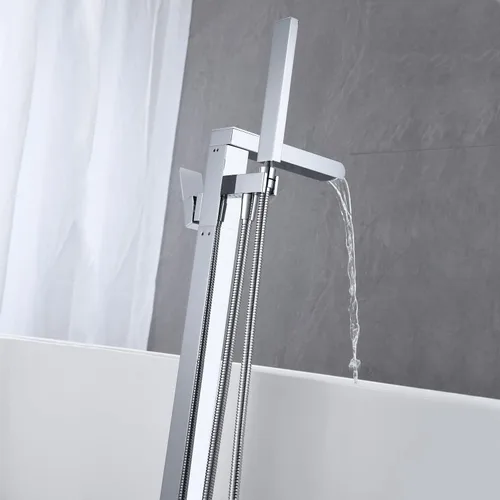 Miniatura 4 de Wowkk Llenador de bañera independiente, grifo de bañera cascada, cromo, montaje en piso, latón, manija única, grifos de baño con ducha de mano