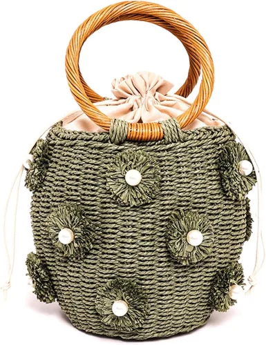 Orgonite Bolso de paja tipo cubo, bolsa de mano hecha a mano con flor de perla, bolsa tejida para playa, cesta de ratán con cordón para mujeres..