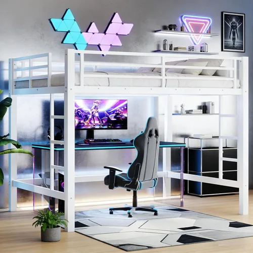 Miniatura 10 de Cama alta individual con escaleras, cama alta de metal individual con tapones antivibraciones y reducción de ruido, cama alta resistente