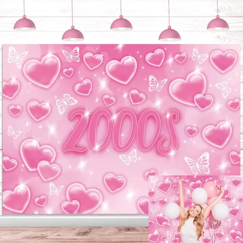 Miniatura 9 de Fondo de fotos de principios de la década de 2000 de 7 x 5 pies, fondo de corazón negro con purpurina Y2k, decoración de fiesta de moda temprana