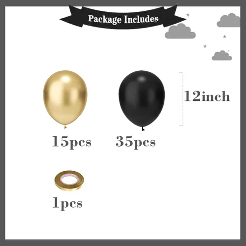 Miniatura 2 de Globos negros y dorados, kit de 50 globos de 12 pulgadas, globos de látex negros para decoraciones de cumpleaños, año nuevo, boda, graduación