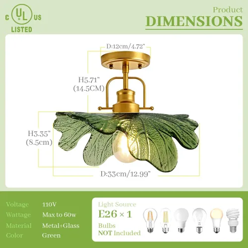 Miniatura 2 de Paquete de 2 lámparas de techo de cristal verde vintage, lámpara de techo semiempotrada, lámparas doradas para cerca del techo con pantalla