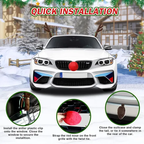 Miniatura 5 de Cuernos de reno para coche con nariz roja y cola - Reno de Navidad para adornos de coche - Kit premium de cuernos de Rudolph para SUV, camioneta