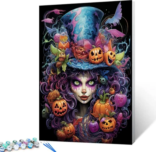 Miniatura 11 de Kit de Pintura por Números de Retrato de Mujer Calavera de Azúcar al Óleo de 16 x 20 Pulgadas, Lienzo para Halloween, Decoración para Mujeres, Chica
