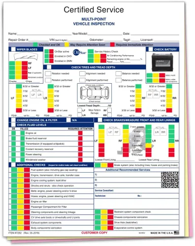 Paquete de 250 hojas de informe de inspección de vehículos multipunto GM – Lista de verificación de 3 partes por formularios de recomendación del