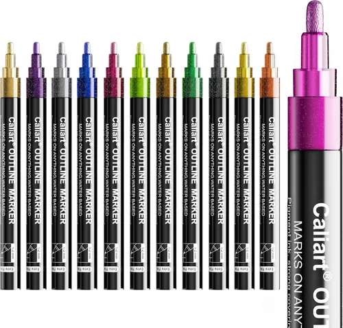 Caliart - Marcadores de contorno de 12 colores con purpurina brillante | Cool Fun Craft Metallic Drawing Marker Set, Tween Teen Girl Gifts Trendy