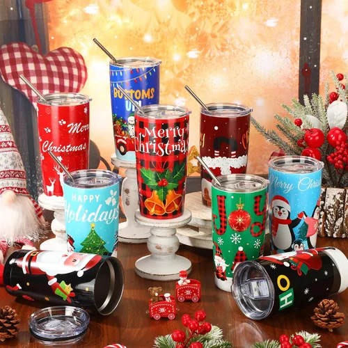 Miniatura 3 de 12 Piezas Vasos Navideños de Regalo 20oz Vaso de Viaje Navideño Taza Navideña de Acero Inoxidable Aislado Taza de Café con Tapa y Pajita para Regalo