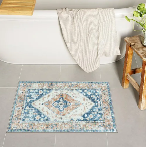 Uphome Alfombra de Baño Azul Boho Desgastada Alfombra de Baño Oriental Suave de Pelo Largo Antideslizante Alfombra de Baño Lavable a Máquina Vintage