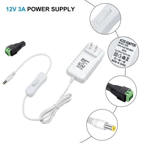 Miniatura 5 de Fuente de alimentación de 12 V, fuente de alimentación de 12 voltios 3A 36 W CC con interruptor de encendido y apagado, adaptador de corriente LED
