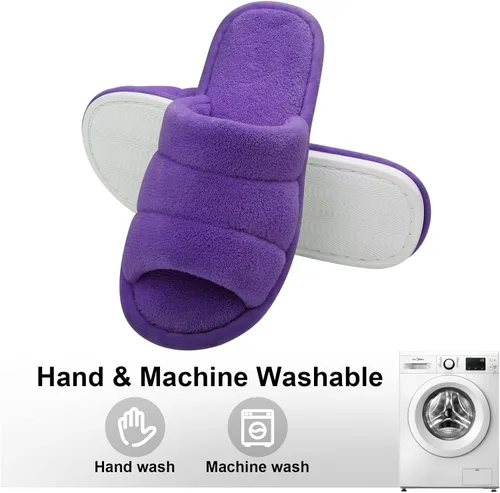 Miniatura 6 de shevalues Pantuflas de tela de rizo con punta abierta para mujer, pantuflas de espuma viscoelástica