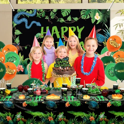 Miniatura 6 de KEFAN Decoraciones de fiesta de reptiles, lagartos de vida silvestre, serpientes, cocodrilos, suministros de vajilla para fiesta, incluyendo Fondo