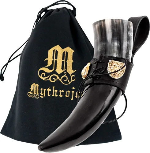 Miniatura 30 de Mythrojan Cuerno vikingo para beber 100% natural, auténtico, decoración de latón, cuerno nórdico con funda de cuero negro, bolsa de lona para vino