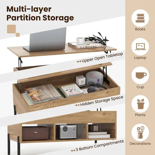 Miniatura 4 de GOFLAME Mesa de centro elevable con almacenamiento, mesa de centro cuadrada con compartimento oculto, 3 estantes de almacenamiento, mesa central