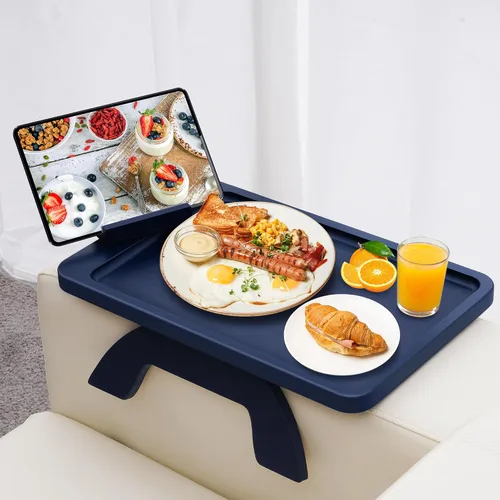 Miniatura 10 de SINWANT Mesa de Brazo para Sofá, Mesas de Reposabrazos de Sofá de Madera de Acacia, Mesa de Reposabrazos de Sofá con Soporte para Teléfono de 360°