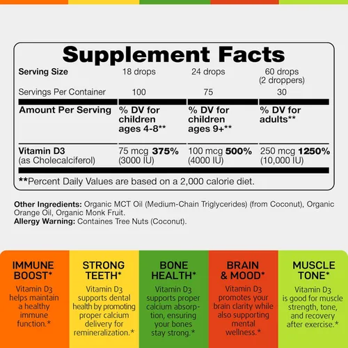 Miniatura 2 de Vitamina líquida D3 10000 UI (250 mcg) – Gotas de vitamina D orgánica USDA para adultos y niños – Suministro para 100 días – Vit D3 con aceite MCT