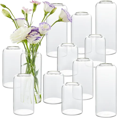 Jarrones pequeños a granel, juego de 12, jarrones pequeños de vidrio para flores, jarrones cilíndricos modernos para flores para centros de mesa de