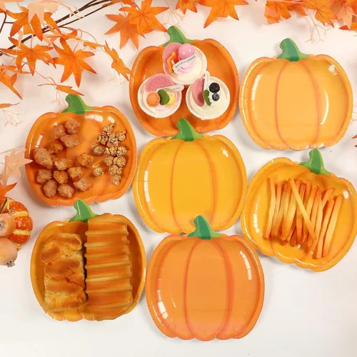 Miniatura 4 de 50 platos de papel de calabaza, platos desechables de calabaza de otoño, platos de postre de Acción de Gracias, platos de fiesta naranja