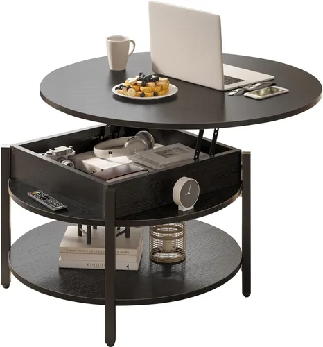 Miniatura 11 de FABATO Mesa de Centro Redonda con Tapa Elevable con Almacenamiento y Compartimento Oculto, 26.77'' Mesa de Centro Estilo Granja para Sala de Estar
