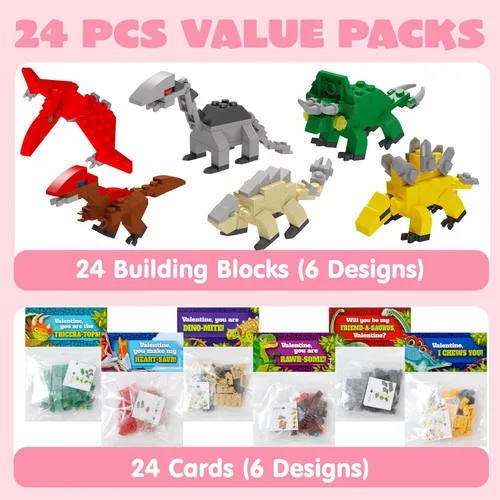 Miniatura 2 de JOYIN Paquete de 24 tarjetas de San Valentín con bloques de construcción de dinosaurios para regalos, recuerdos de fiesta, premio de intercambio