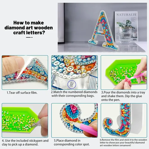 Miniatura 7 de YOYA Letras de Artesanía de Madera con Arte de Diamantes 5D de 6 Pulgadas para Decoración de Pared, Kits de Arte de Diamantes de Letras de A
