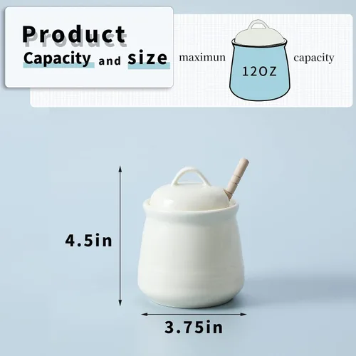 Miniatura 3 de Olla de cerámica para miel con tapa y cuchara de miel, tarro de miel de porcelana fácil de limpiar y apto para lavavajillas, 12 onzas (beige)