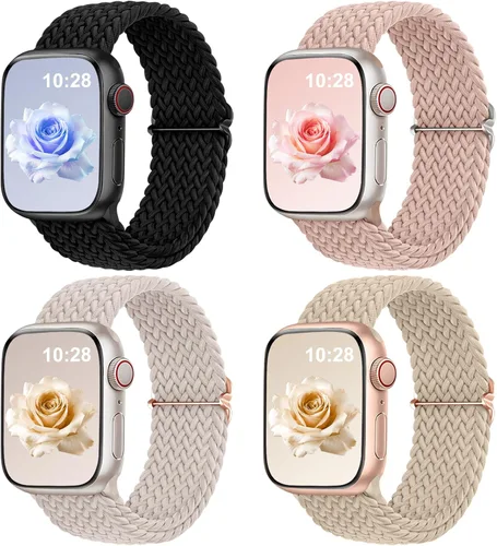 Miniatura 17 de DaQin Paquete de 4 correas elásticas trenzadas Solo Loop para Apple Watch para mujeres y hombres, de 1.575 pulgadas, 1.614 pulgadas, 1.654 pulgadas
