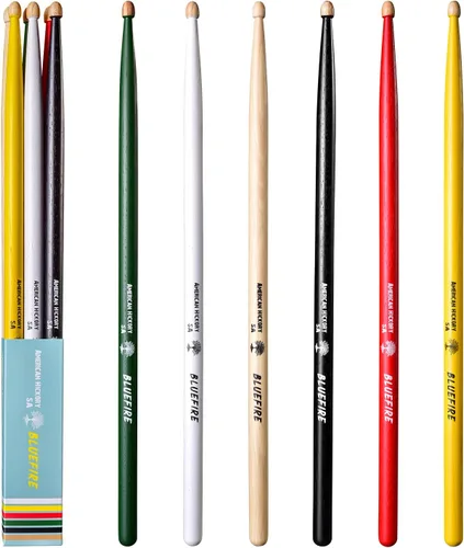 Bluefire - Baquetas 5A, 6 palos (3 pares) de colores surtidos, peso de nogal americano a juego, prueba varios colores en un paquete para bateristas