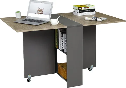 Miniatura 7 de Mesa de Comedor Plegable con Hoja Abatible con 6 Ruedas y Estante de Almacenamiento de 2 Niveles, Mesa que Ahorra Espacio para Espacios Pequeños