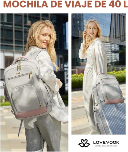 Miniatura 10 de LOVEVOOK Mochila de viaje para mujeres y hombres, Rosa-gris, Mochilas de viaje